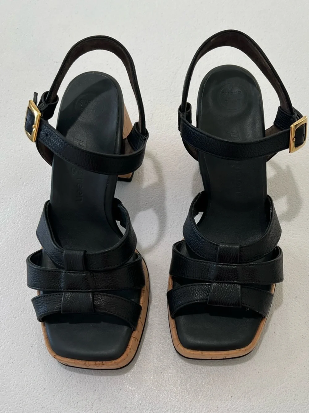 PAUL GREEN Black Leather Cork-Platform Strappy Sandals  comfor insole 7